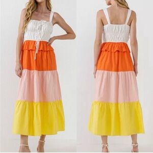 English Factory Tiered Colorblock Square Neck Sleeveless Maxi Dress Preppy Small